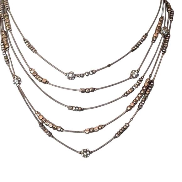 Vintage Chico’s Multi-Strand Necklace Silver & Gold Tone Beads Crystal Accents S